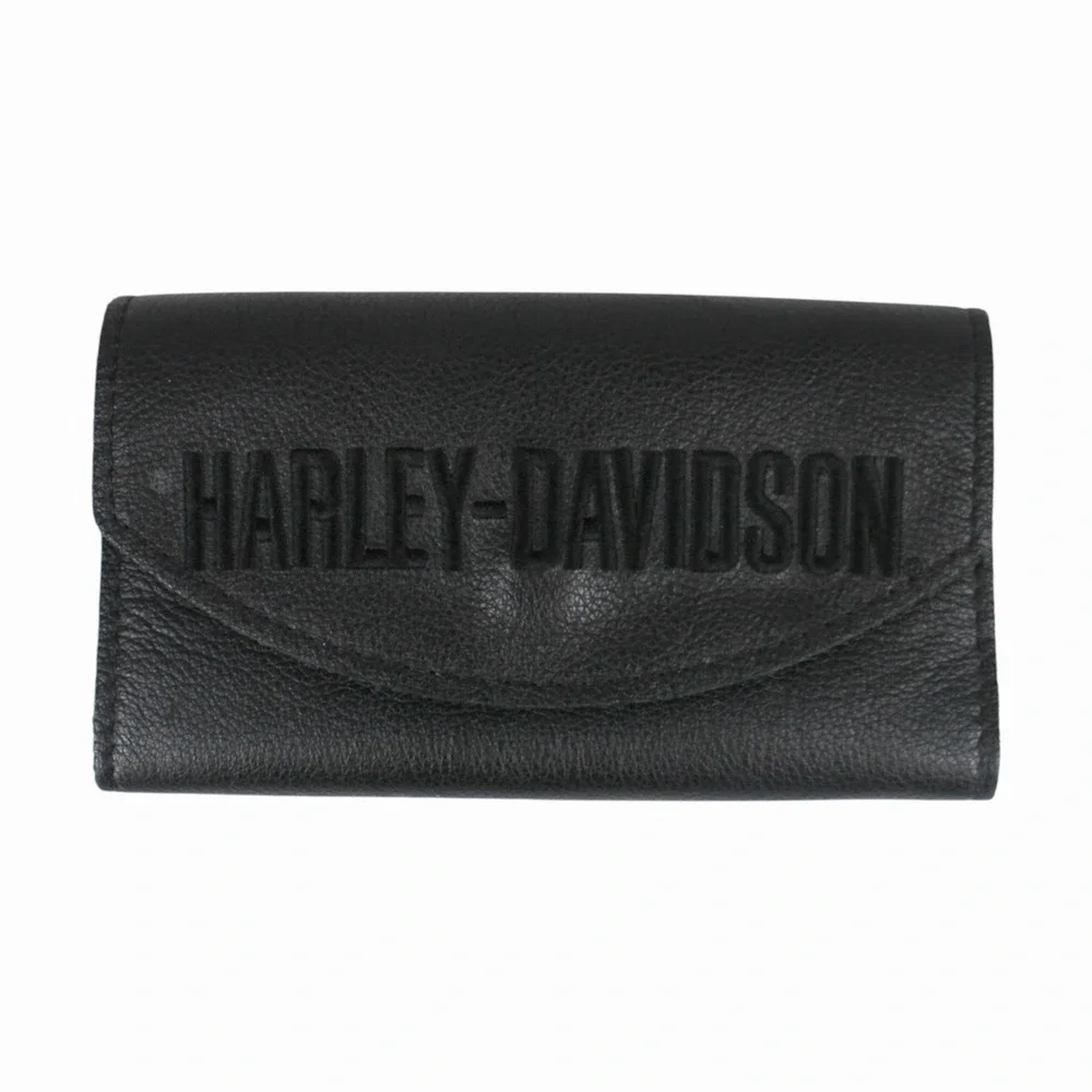 Harley-Davidson Black Genuine Leather Trifold Wallet Snap Closure Embossed Logo